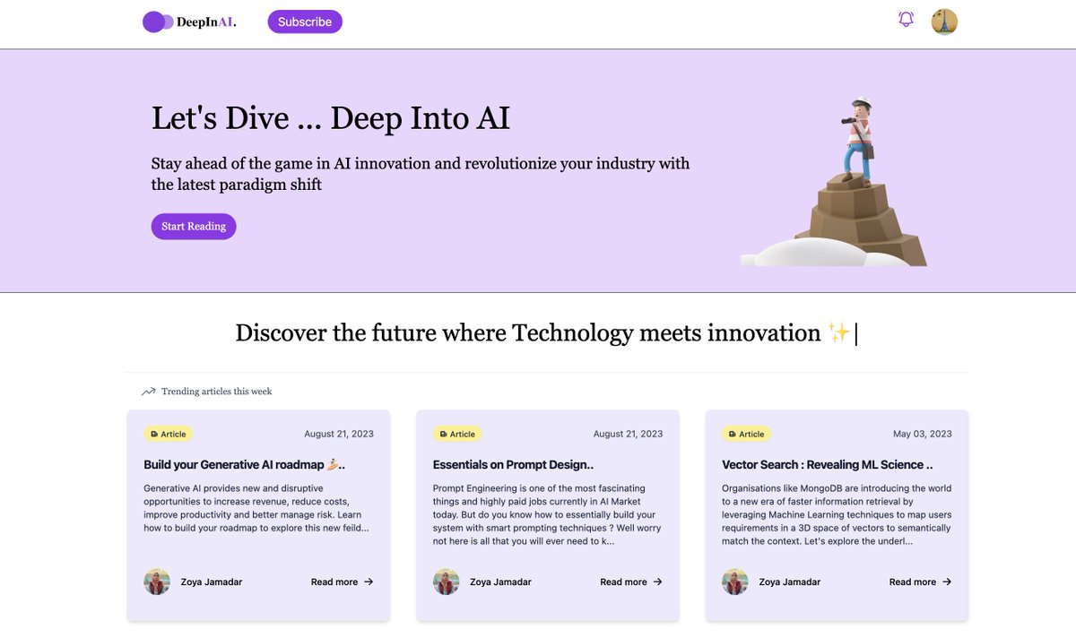 gigDeveloper10's tweet photo. Welcome to our 1st release 🤠

DeepInAI  is a curated content platform, on AI essentials with 6 new topics to explore this week... 

lmk wyt !!drop a suggestion what u'll like to explore next time you're there..!

link : https://t.co/cDLglXAEcI

cc: @_buildspace @_nightsweekends https://t.co/qIwnLbAX20