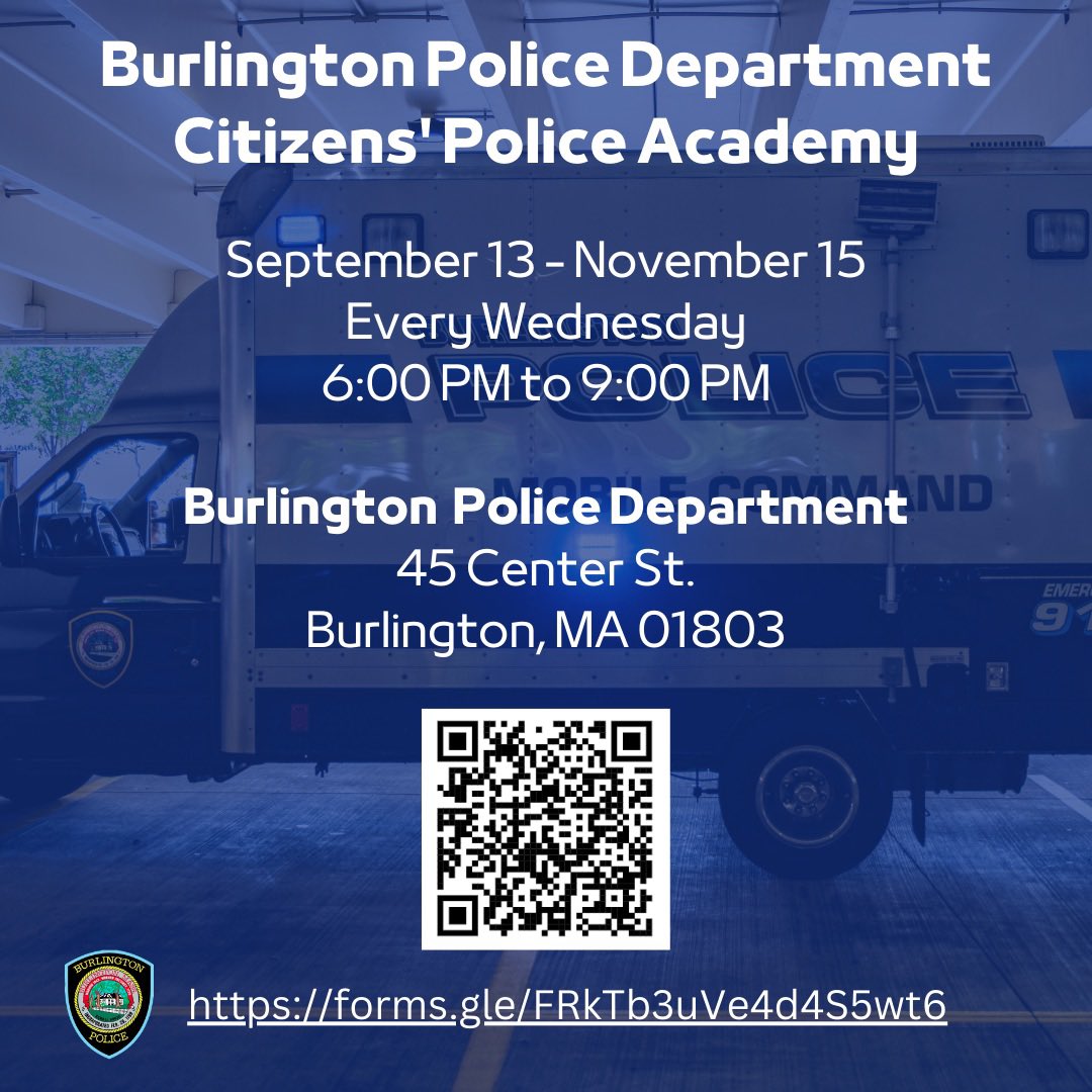 burlingtonpd's tweet photo. BPD’s Citizens’ Police Academy is back! 10 session live classroom training is being offered for free!  Learn about SWAT; Criminal Law; Police Patrol Procedures and more!
For anyone 18 or older (16 if accompanied by parent).  Attendees will have to consent to a background check. https://t.co/dyKyLAFGbU