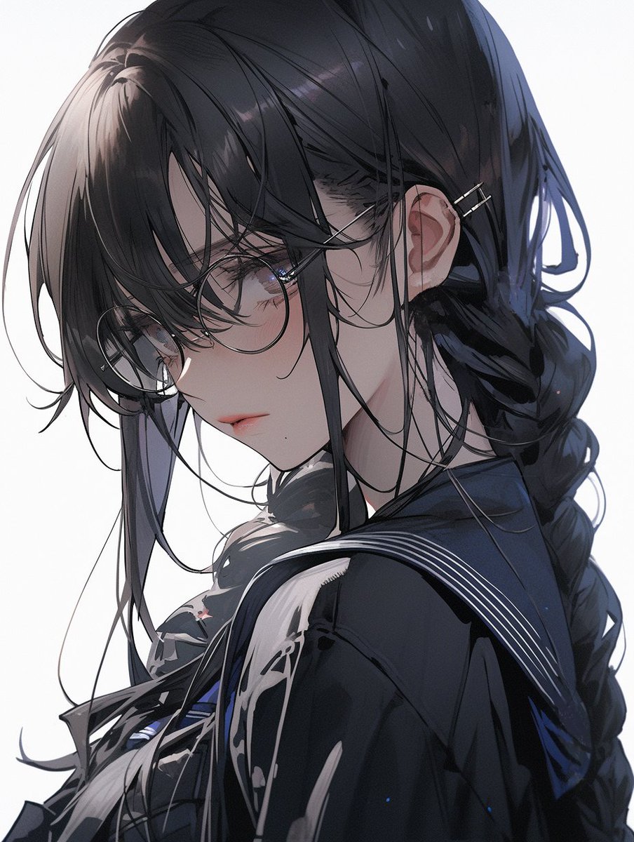 1girl solo braid glasses long hair school uniform black hair  illustration images