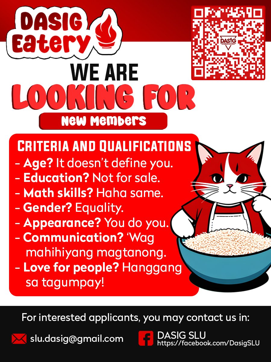 dasig_slu's tweet photo. We are hiring, mga Luwisyano!

Sumali na sa tunay, palaban at makabayang Political Organization sa Unibersidad ng San Luis! 🔻

Mag-send lamang ng mensahe sa:

📌 Facebook: DASIG SLU 
📌 Twitter: @dasig_slu
📌 Instagram: @dasig.slu

#DASIG 🚩
#IntegratedRelevantDecisive https://t.co/bltBcTUMnv
