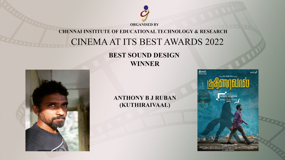 #CAIBAWARDS 2022 #WINNER #BESTSOUNDDESIGN #KUTHIRAIVAAL @anthoruban @Manojjahson @Shyamoriginal @YaazhiFilms_ @KalaiActor THIS IS HIS SECOND NOMINATION & FIRST AWARD. CONGRATS & ALL THE BEST FOR YOUR FUTURE PROJECTS SIR