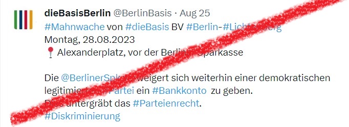 Nautilu40286557's tweet photo. #b2808 #fckQuerdenken #FCKdieBasis
"dieBasis" hält am Montag, den 28.08.23 von 16-19 Uhr, am #Alexanderplatz vor der Sparkasse, eine "Mahnwache", da die Berliner Sparkasse ihnen ein Konto verwehrt. https://t.co/YN8Dwphgpm