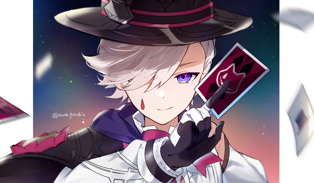 1boy male focus card hat solo gloves purple eyes  illustration images