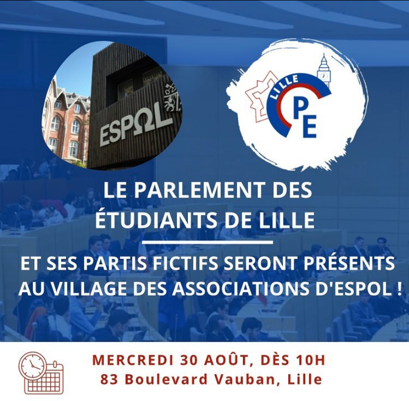 PDE_Lille's tweet photo. 👉En attendant sa rentrée parlementaire fin septembre, la section lilloise du Parlement des étudiants vous donne rendez vous au village des associations d'ESPOL. 

L'occasion pour vous de découvrir l’association et ses projets.

🙌Nous vous attendons nombreuses et nombreux ! https://t.co/Y3gGj6zsJR