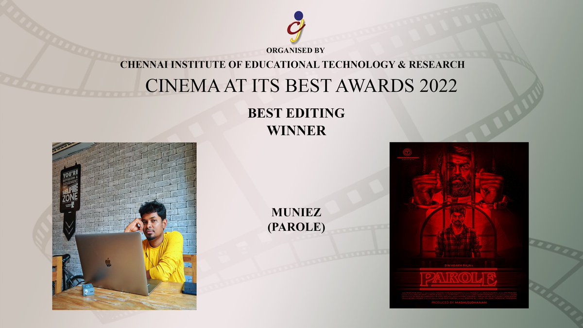Cinema at its Best (@cinemaatitsbest) on Twitter photo #CAIBAWARDS 2022
#WINNER
#BESTEDITING
#PAROLE
<a href="/MuniezEditor/">Madurai Muniez</a>
<a href="/iamdwarakh/">Dwarakh Raja</a>
<a href="/madhu1134/">Madhusudhanan</a>
<a href="/linga_offcl/">Linga</a>
#TRIPR
THIS IS HIS FIRST NOMINATION & FIRST AWARD.
CONGRATS & ALL THE BEST FOR YOUR FUTURE PROJECTS SIR . #CAIBAWARDS 2022
#WINNER
#BESTEDITING
#PAROLE
<a href="/MuniezEditor/">Madurai Muniez</a>
<a href="/iamdwarakh/">Dwarakh Raja</a>
<a href="/madhu1134/">Madhusudhanan</a>
<a href="/linga_offcl/">Linga</a>
#TRIPR
THIS IS HIS FIRST NOMINATION & FIRST AWARD.
CONGRATS & ALL THE BEST FOR YOUR FUTURE PROJECTS SIR .