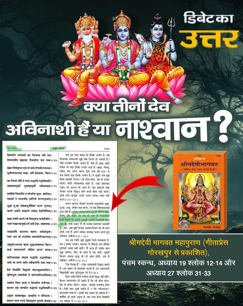 #चुल्लू_भर_पानी_में   डूब मरो
Shrimad Devi bhagwat Mahapuran, Skand 3, Adhyay 4, Page 10, Shlok 42. 
Lord Vishnu says ‘Oh Mother! Brahma, I, Shiv take birth from your influence only, are not eternal.
Only you are immortal, are Prakriti and Sanatani Devi
- First India News Exposed