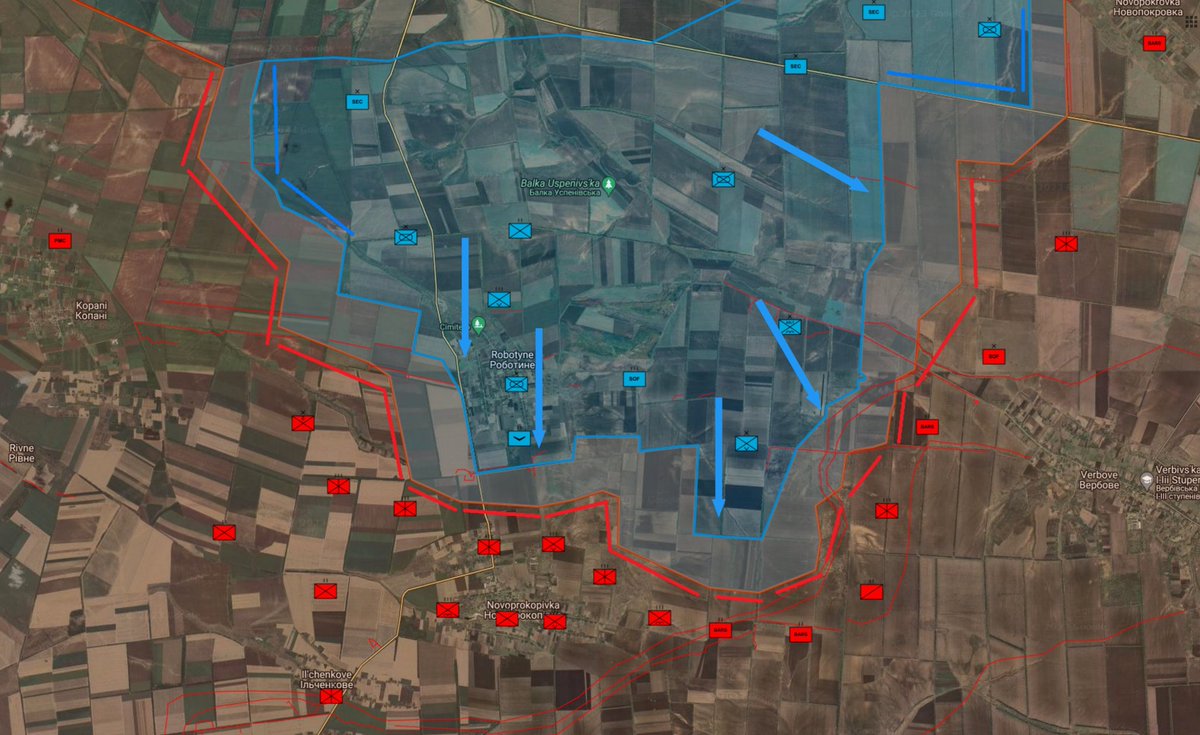 hoje_no's tweet photo. Após a libertação de Robotyne, em Zaporizhzhia, as forças armadas ucranianas confirmaram que começou a batalha por Novoprokopivka. Isso confirma que a 1ª linha defensiva da Rússia já foi rompida. As forças ucranianas estão a 19 km de Tokmak, o 1º objetivo estratégico da ofensiva em Zaporizhzhia.