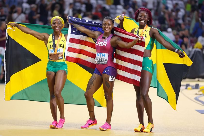 RichMagDigital's tweet photo. A meeting of people &amp; nations.

Sha’Carri Richardson, Shelly-Ann Fraser-Pryce &amp; Sherika Jackson won big at the 2023 World Athletic Championships in Budapest, Hungary. 

As did, Noah Lyles, Laulauga Tausaga-Collins &amp; many other athletes.

#WorldAthleticsChampionships2023 
#RichMag https://t.co/3K1Wx8QZwZ
