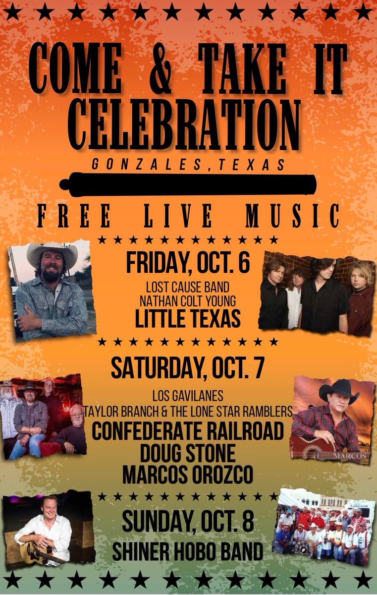 We hope to see you in downtown #GonzalesTx for the annual Come and Take It Celebration on October 6th, 7th, and 8th!
<a href="/dougstonetour/">Doug Stone</a> <a href="/littletexasband/">Little Texas</a>