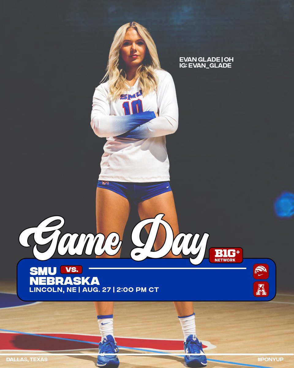 SMUVolleyball's tweet photo. 𝑰𝒕'𝒔 𝑮𝒂𝒎𝒆 𝑫𝒂𝒚! 

🗓️ August 27th 
🆚 Nebraska 
⏰ 2:00 PM CT 
🏟️ Lincoln, NE 
📺 BIG TEN Network 

#PonyUpDallas | @SMUMustangs https://t.co/JaRCCPVCNB