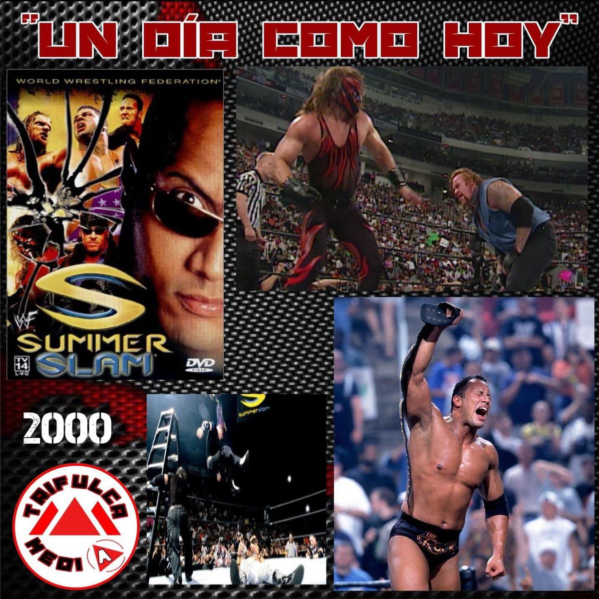 TrifulcaMedia's tweet image. Un día como hoy en el año 2000 la #WWE presentó #SummerSlam desde Raleigh, North Carolina.

#Edge &amp;amp; Christian derrotaron a los Dudley Boyz  y a los Hardy Boyz en un TLC match.

Kane vs. The Undertaker no contest.

The Rock def Triple H &amp;amp; Kurt Angle por el WWF Championship