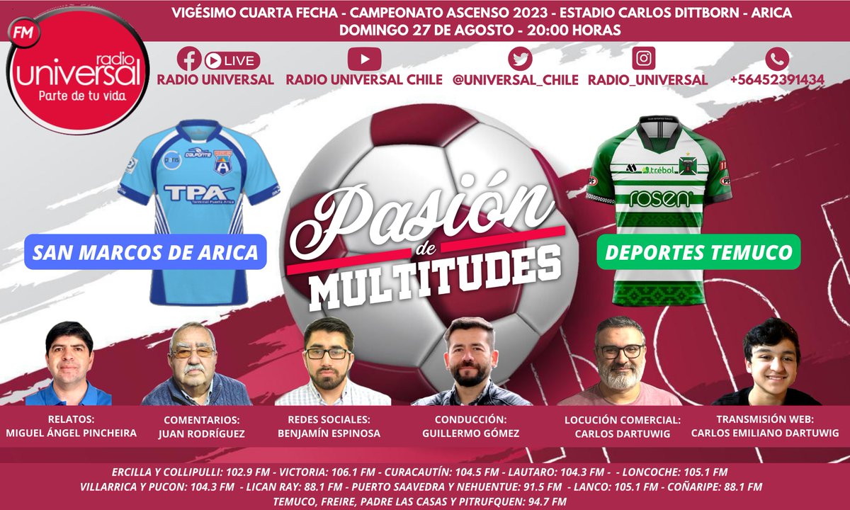 universal_chile's tweet photo. Hoy es domingo de #PasionDeMultitudes
A contar de las 19:00 horas: 
@SM_AricaOficial 
 vs 
@Temucooficial 
 
Escúchanos en la 94.7 FM en Temuco, PLC, Freire, Pitrufquén, en nuestra red de emisoras en Malleco, Cautín y Valdivia, en Facebook Live, Youtube y https://t.co/2s3LoXPLc7 https://t.co/aNesksz3YO