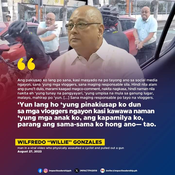 'PARANG ANG SAMA-SAMA KONG TAO'?

William "Willie" Gonzales, the man who was caught on video physically assaulting a cyclist and pulling out a gun, asks vloggers to be "more responsible" in posting on social media.

m.facebook.com/story.php?stor…