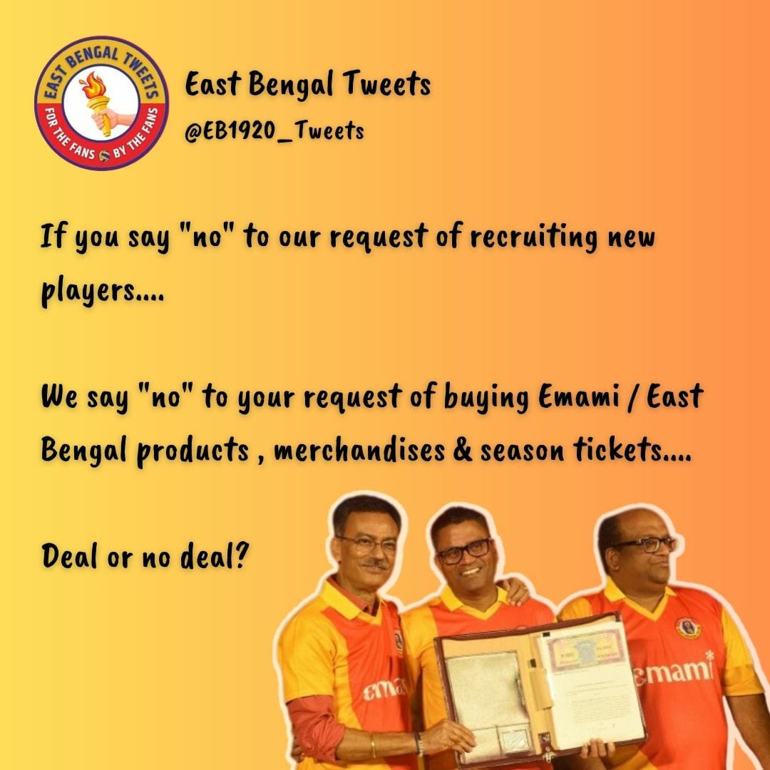 The Message is Loud & Clear @emamirealtyltd 👍

Buy some promising player ASAP! Otherwise we Boycott Each and every product of #EmamiEastBengal 

#EastBengalFc