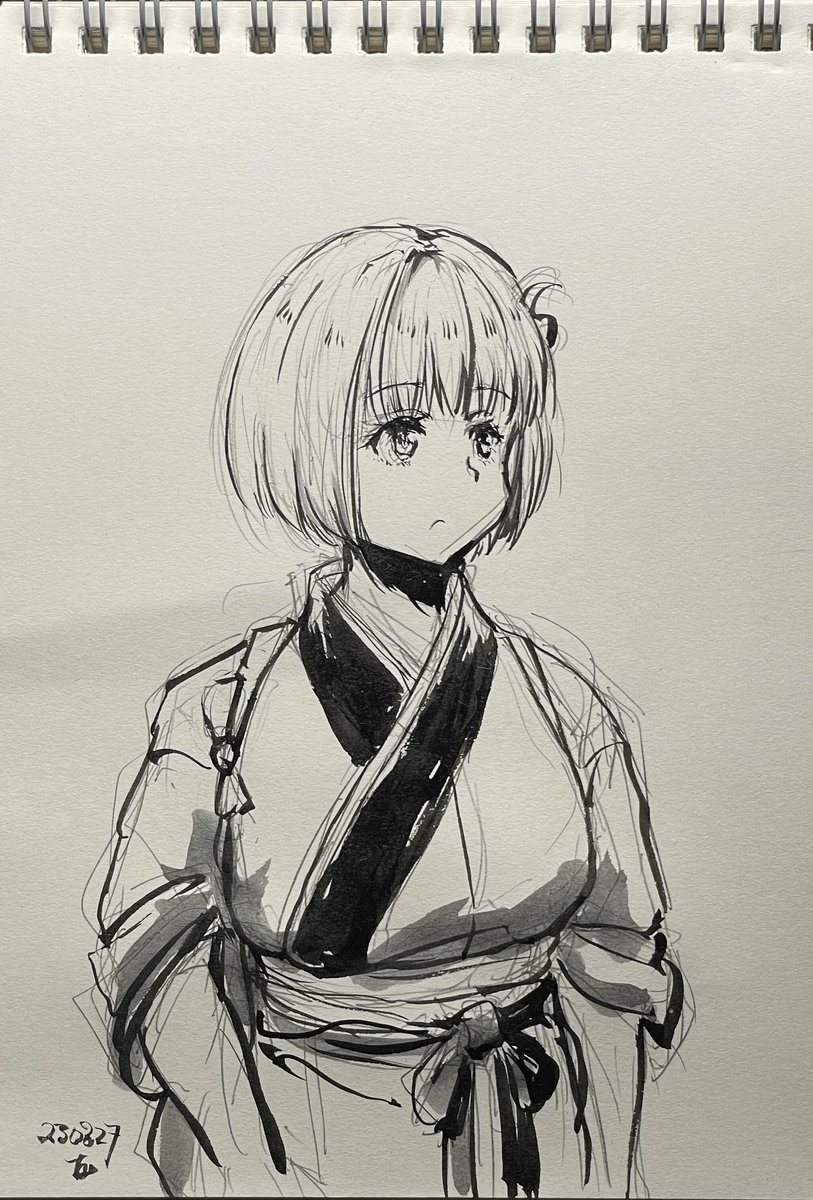1girl solo monochrome japanese clothes traditional media short hair greyscale  illustration images