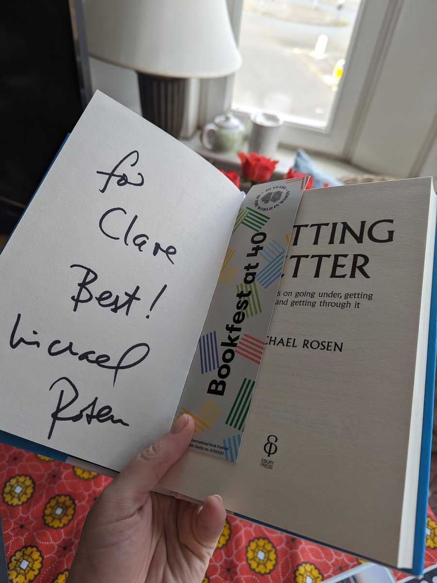 ClareCavanagh1's tweet photo. Such a joy listening to @MichaelRosenYes today @edbookfest, hosted by Richard Holloway. Hugely inspiring listening to Michael and so great to meet him. Can't wait to read this book with a cuppa and a big slice of 'Chocolate Cake' (fav poem to read our loud forever). ☕📚 https://t.co/FkFJEwDByQ