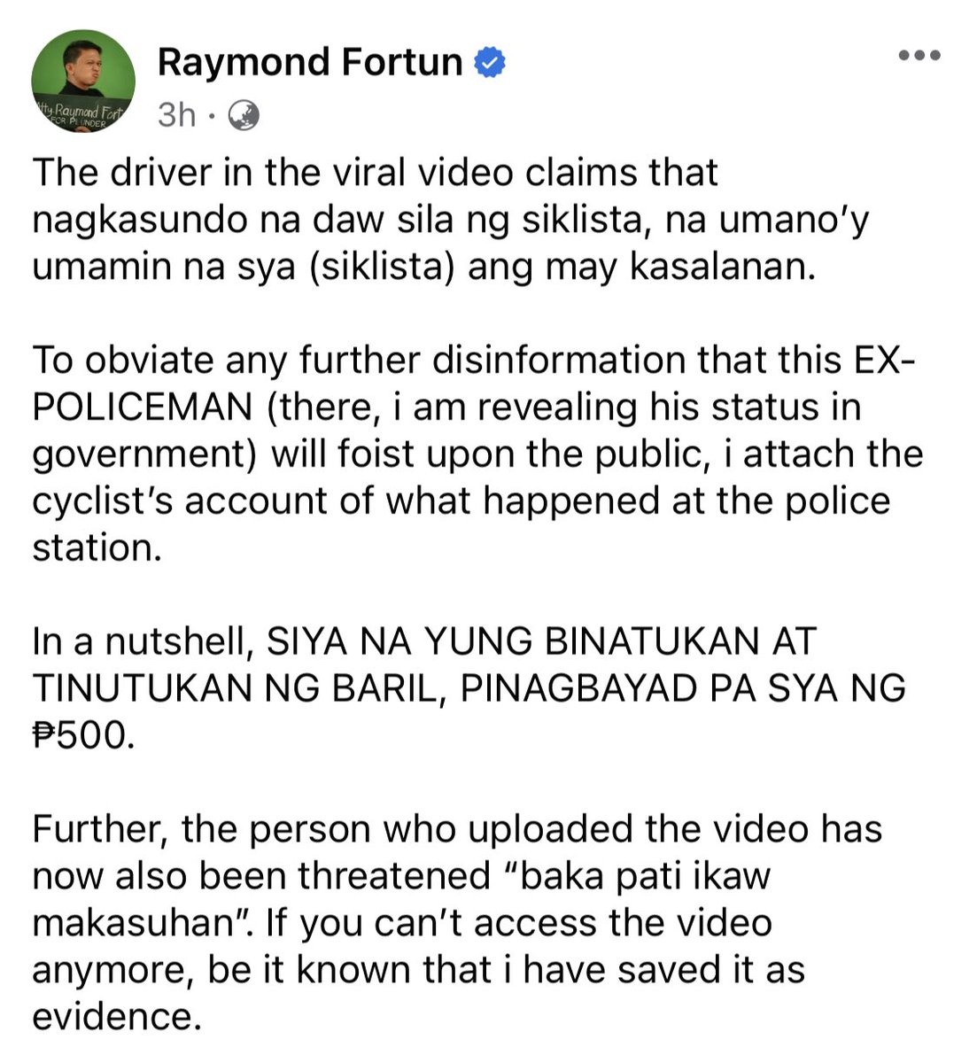 The car driver, Wilfredo Gonzales, is a retired cop being protected and given positive PR by the PNP.

The cyclist is the victim here. The alleged settlement was made under duress - the cyclist was alone and unduly pressured by the police.

#ProtectCyclists