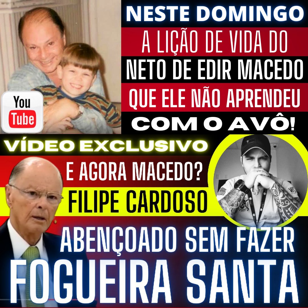falecomdavi's tweet photo. 🛑Boa dia a todos, graça e paz! Hoje às 19 horas o vídeo exclusivo de FILIPE CARDOSO no seu novo trabalho que NÃO VEIO por FOGUEIRA SANTA! O exemplo de quem NÃO seguiu os conselhos do avô Edir Macedo. 
Até lá.
Assista👇
https://t.co/z9gAp5Ep9D https://t.co/hFmMUIWGrX