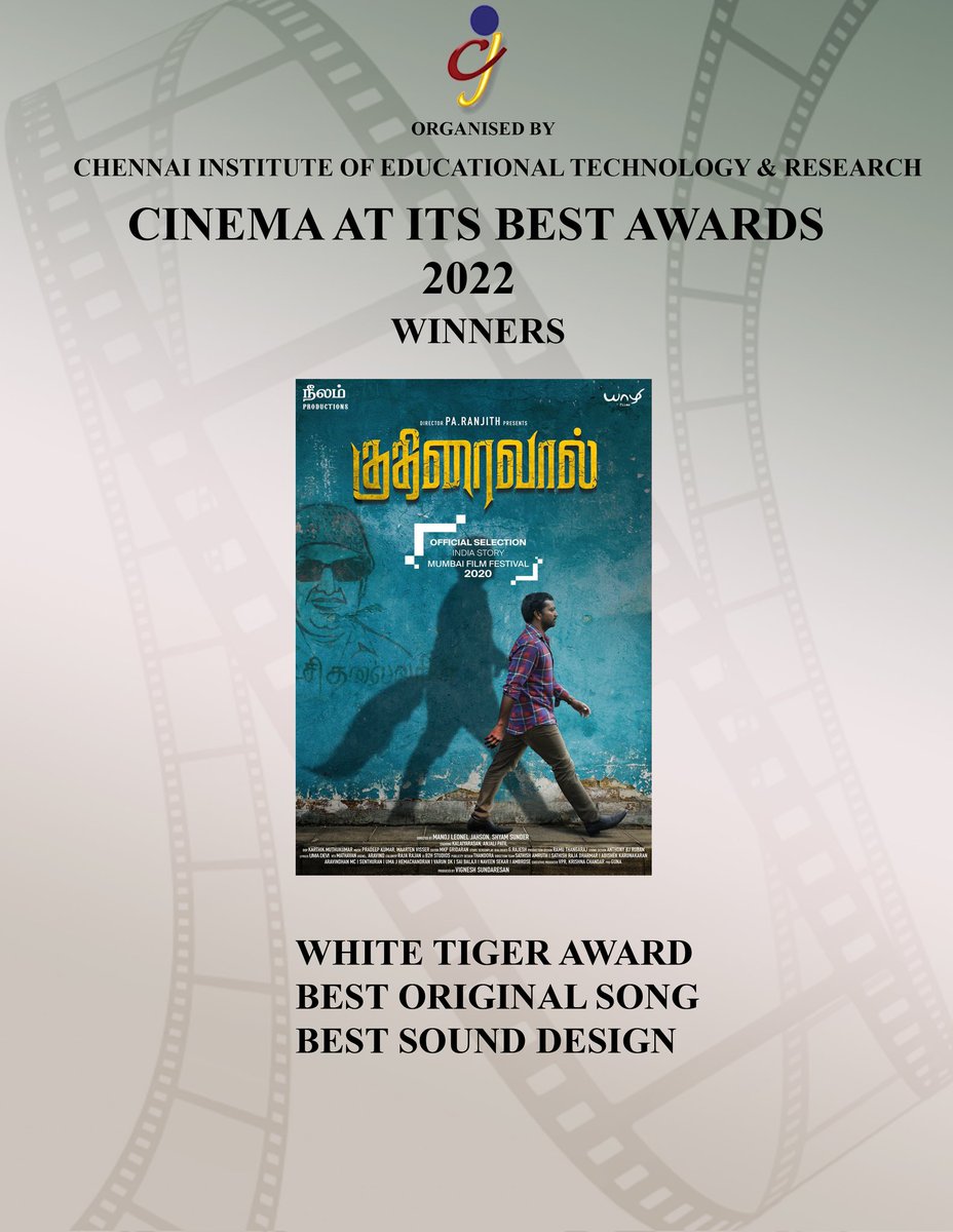 #CAIBAWARDS 2022 #KUTHIRAIVAAL WON THREE AWARDS INCLUDING PRESTIGIOUS #WHITETIGERAWARD CONGRATS TO ENTIRE TEAM. @YaazhiFilms_ @Manojjahson @Shyamoriginal @KalaiActor @anthoruban @siva_amstudios @karthikmuthu14 @ramu_thangaraj