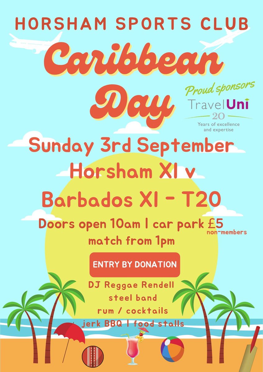 Horsham Sports Club (@horshamsports) on Twitter photo One week until Caribbean Day. Sun 3rd Sept, Horsham XI take on Barbados XI in a T20. We’ve music, Caribbean food and other menu options, and @MrGin_Uk and @GoldstoneRum. Doors 10am. Play 1pm. Proud sponsors <a href="/TravelUni/">Student World Travel</a>. One week until Caribbean Day. Sun 3rd Sept, Horsham XI take on Barbados XI in a T20. We’ve music, Caribbean food and other menu options, and @MrGin_Uk and @GoldstoneRum. Doors 10am. Play 1pm. Proud sponsors <a href="/TravelUni/">Student World Travel</a>.