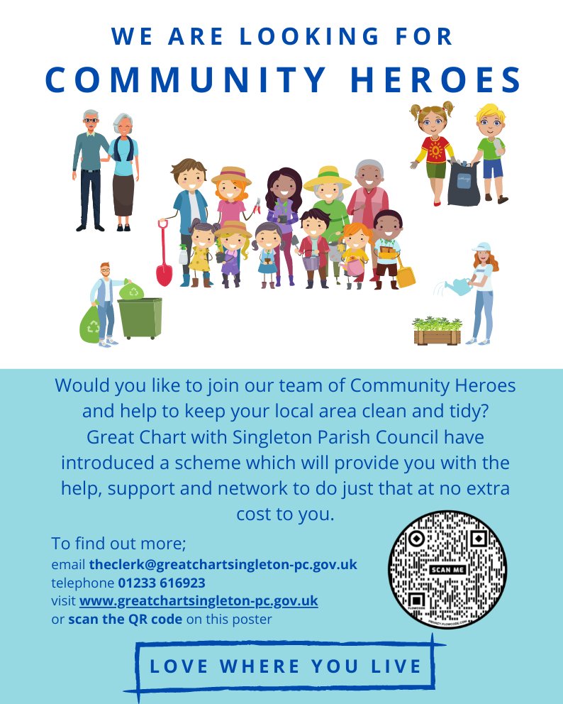 <a href="/GCwSPC/">GCwS Parish Council</a> is keen to support local residents wanting to help keep their local environment clean &amp; pleasant for all to enjoy.
For more info, visit our website; we look forward to meeting some new heroes soon!
greatchartsingleton-pc.gov.uk/Community_Hero…
#GreatChart #Singleton #community #keepkenttidy