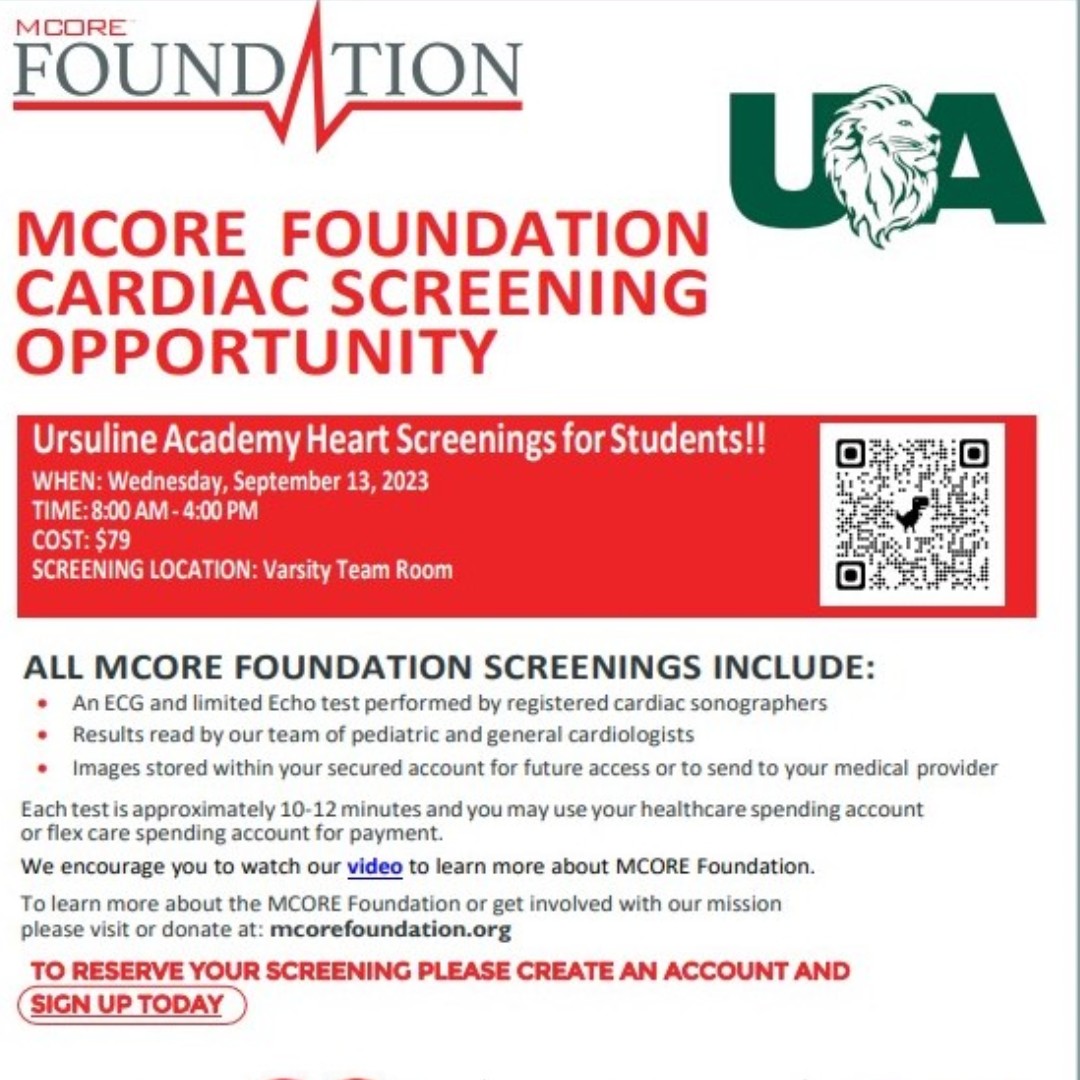 Lions, don't forget to sign up for cardiac screening. This will take place during the school day on Wednesday, September 13th, during your free mods or right after school. 

Sign up by scanning the QR Code or visit: mcorefoundation.org