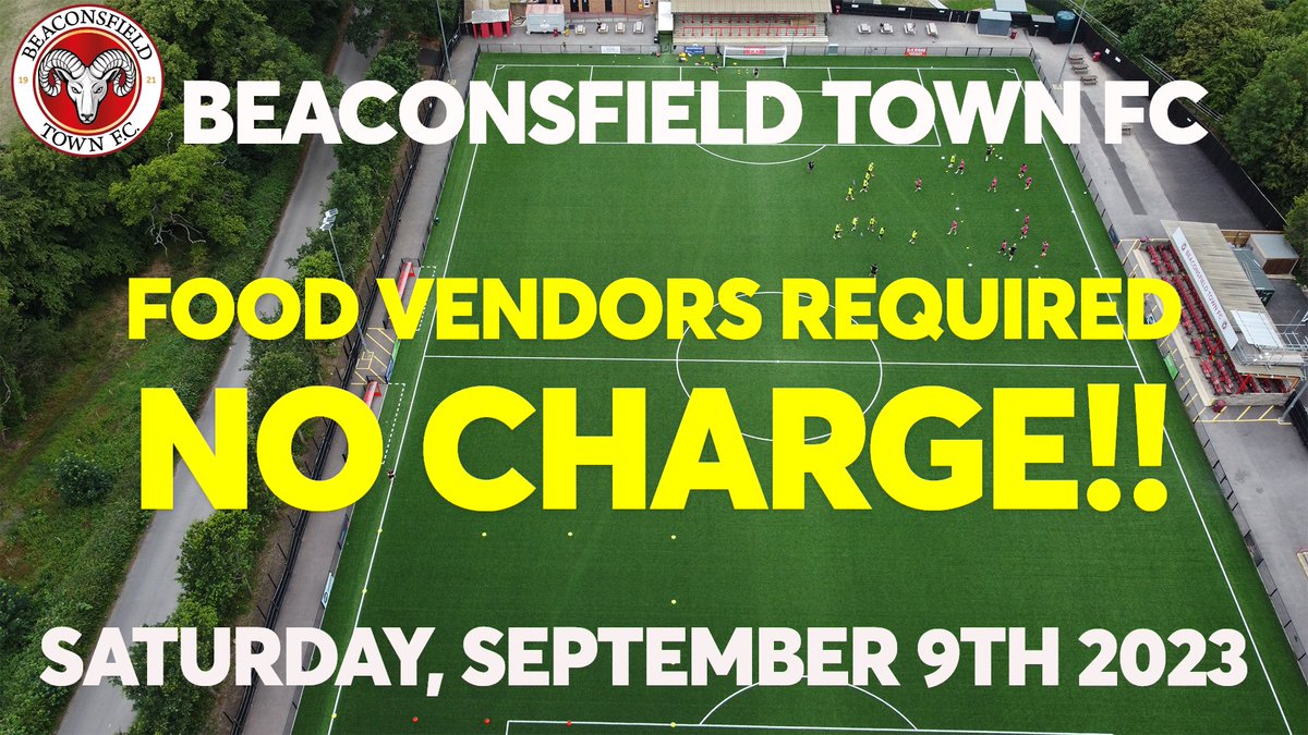 Pop-up food vendors are invited along to sell their products pitchside to 500-600 people at our Club Day, 10:30-16:30.

For more details, please get in touch NOW! Call 01494 676868, DM or commercial@beaconsfieldtownfc.co.uk