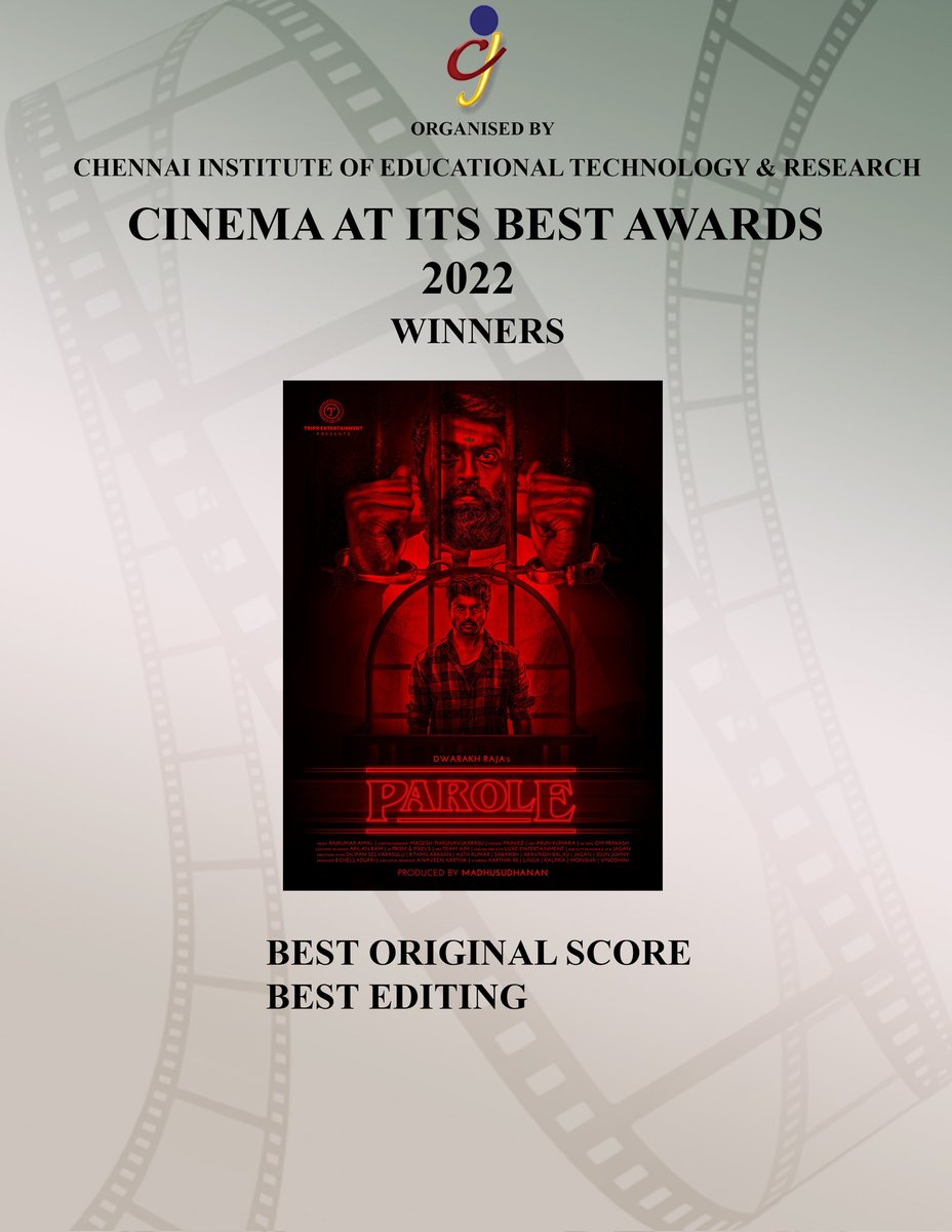 Cinema at its Best (@cinemaatitsbest) on Twitter photo #CAIBAWARDS 2022
#PAROLE
WON 2 AWARDS
#BESTORIGINALSCORE & #BESTEDITING
<a href="/iamdwarakh/">Dwarakh Raja</a>
<a href="/madhu1134/">Madhusudhanan</a>
<a href="/Oscl8r1/">Rajkumar Amal</a>
<a href="/MuniezEditor/">Madurai Muniez</a>
<a href="/linga_offcl/">Linga</a>
CONGRATS TO THE ENTIRE TEAM #CAIBAWARDS 2022
#PAROLE
WON 2 AWARDS
#BESTORIGINALSCORE & #BESTEDITING
<a href="/iamdwarakh/">Dwarakh Raja</a>
<a href="/madhu1134/">Madhusudhanan</a>
<a href="/Oscl8r1/">Rajkumar Amal</a>
<a href="/MuniezEditor/">Madurai Muniez</a>
<a href="/linga_offcl/">Linga</a>
CONGRATS TO THE ENTIRE TEAM