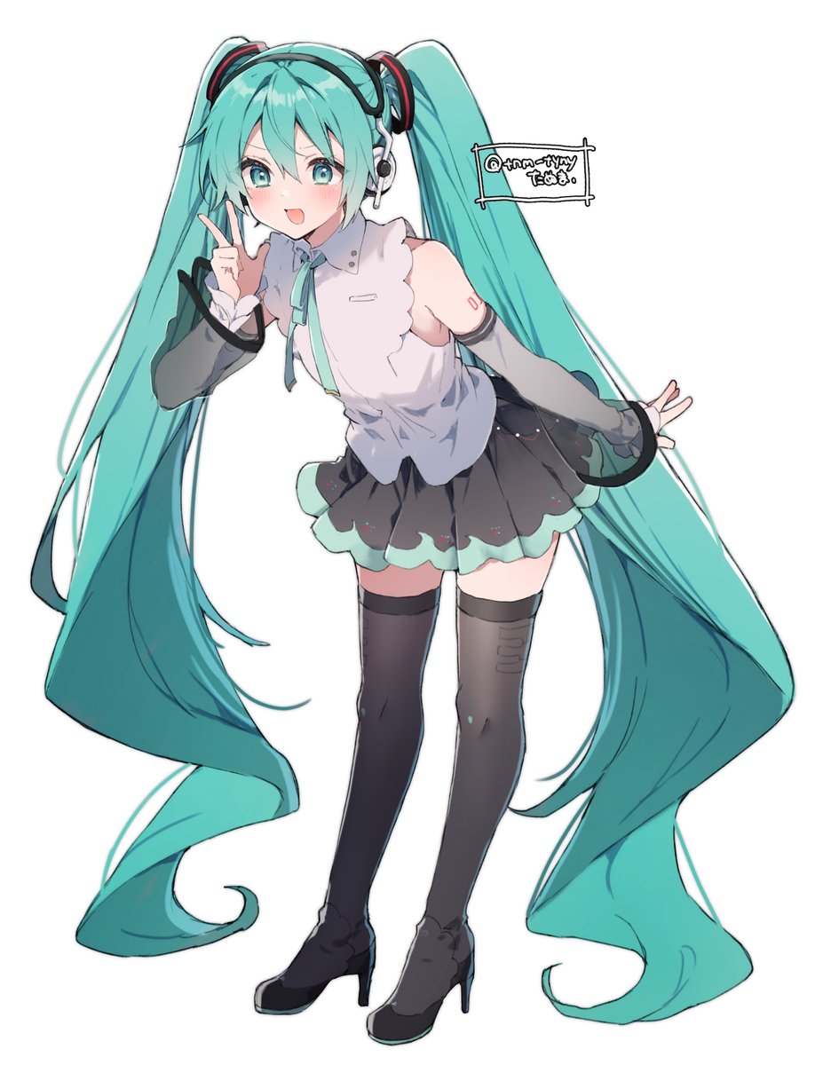 hatsune miku 1girl solo thighhighs skirt see-through long hair see-through sleeves  illustration images