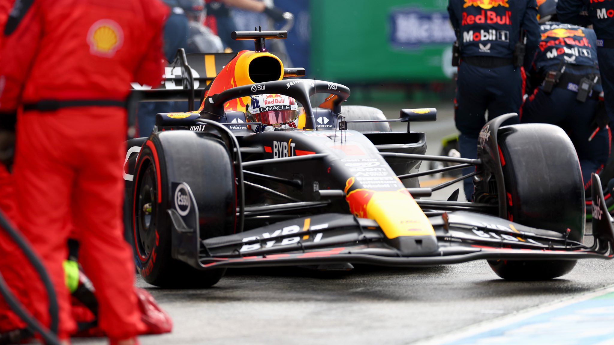 Max pulls out of his pit box after making a stop during the 2023 Dutch Grand Prix.