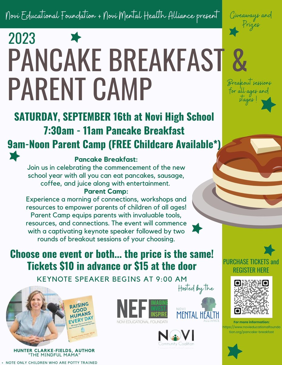 🥞TICKETS ARE ON SALE NOW!  
NEF is thrilled to announce the Pancake Breakfast. We're proud to introduce a new partnership with  Novi Mental Health Alliance, bringing more value to the event by incorporating our Parent Camp into the day.
BUY TICKETS HERE: forms.donorsnap.com/form?id=f1bf91…