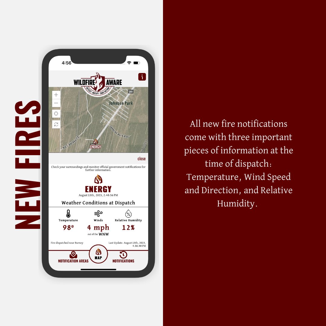 #WildfireAware subscribers receive #NewFire notifications that include three important pieces of information at the time of dispatch: Temperature, Wind Speed and Direction, and Relative Humidity. #BeWildfireAware