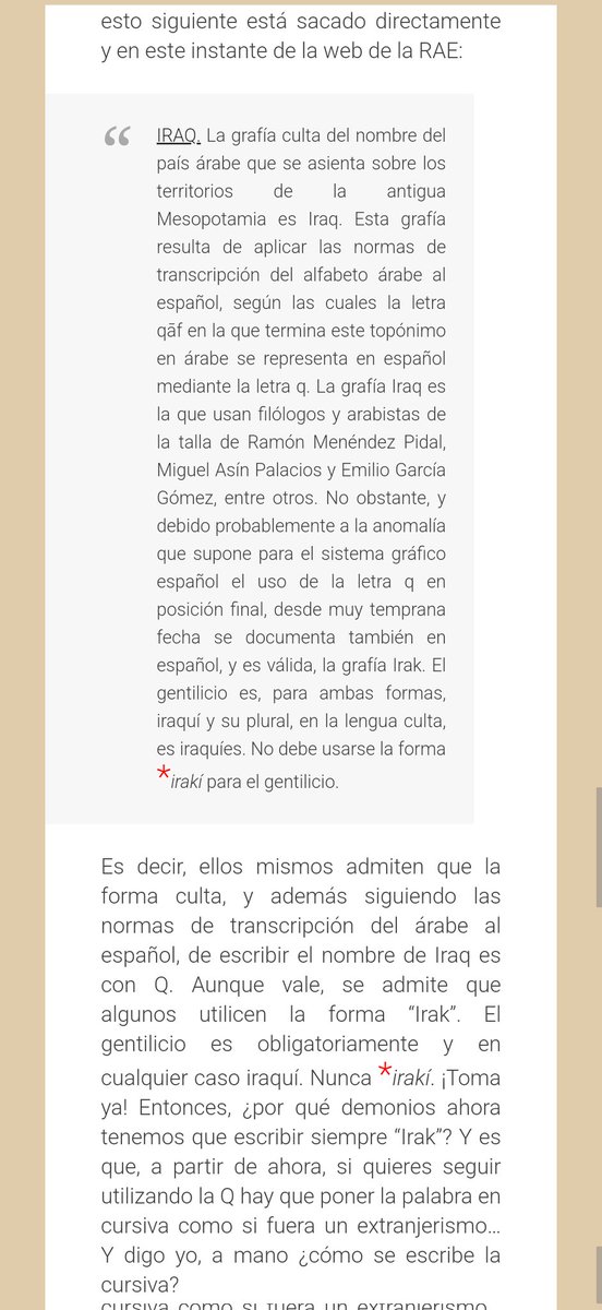 Ruth_Lpez's tweet photo. @ikerrg_79 @perezreverte @AzoteImbeciles @RAEinforma En sus idiomas de origen, Iraq y Qatar se escriben العراق y قطر. Según el sistema de transcripción, a la letra ق le corresponde la Q.
Caso similar es la K. Grosso modo, se usa para palabras de origen extranjero. (En foto,mi comentario de hace años). Entonces,¿por qué K sí y Q no? https://t.co/QtH2sycBYU