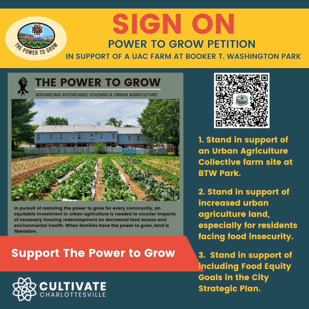 Join Cultivate Charlottesville &amp; The Food Justice Network in showing your support for an urban agriculture site at Booker T. Washington Park 🌱 

Sign on today! forms.gle/f1C5crcTjYdMS4…