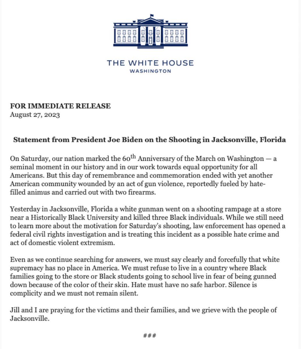 Tiffany Salameh TV (@tiffanysalameh) on Twitter photo In a new statement from <a href="/POTUS/">President Donald J. Trump</a> - he says he and the First Lady are grieving with the city of #Jacksonville In a new statement from <a href="/POTUS/">President Donald J. Trump</a> - he says he and the First Lady are grieving with the city of #Jacksonville