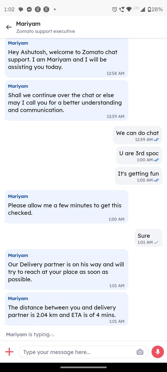 ashupochRANA's tweet photo. Hey there ... 

Got another ETA from mariam. Pretty sure she must have contacted or bothered to check delivery partner location or previous chat. 

Such a talented customer support team. My heart goes awww.. 

Kudos to @zomato support executives https://t.co/ePdSqCY1hS