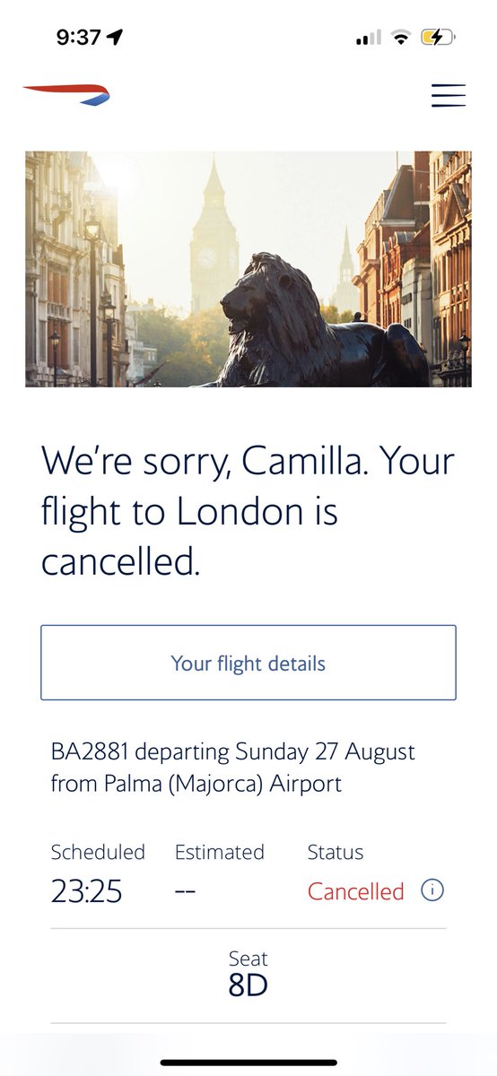 camillab's tweet photo. @British_Airways you just canceled my flight from palma to london and there is no customer service available. I have nowhere to sleep and no flight home. Are you going to help me? https://t.co/FOd8T7S8mp