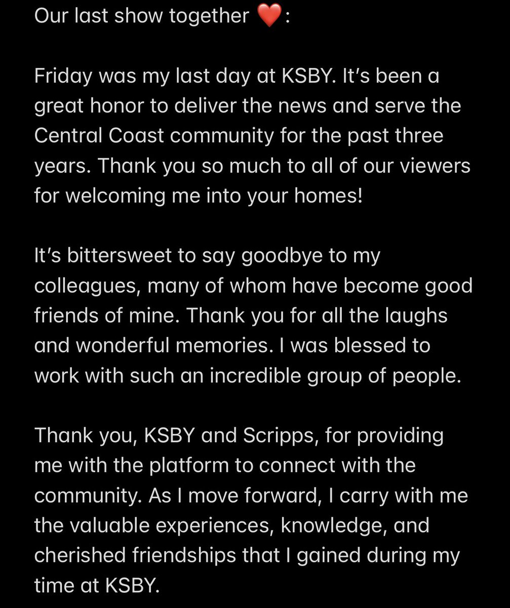 NinaReports's tweet photo. Our last show together ❤️:

Friday was my last day at KSBY. It’s been a great honor to deliver the news and serve the Central Coast community for the past three years. Thank you so much to all of our viewers for welcoming me into your homes! https://t.co/Ss0fcIeF7C