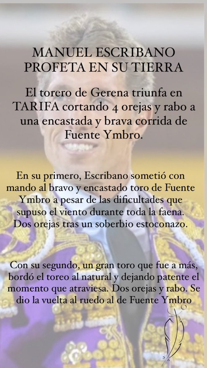 InfoMESCRIBANO's tweet photo. MANUEL ESCRIBANO PROFETA EN SU TIERRA

El torero de Gerena triunfa en Tarifa cortando 4 orejas y rabo a una encastada y brava corrida de Fuente Ymbro. https://t.co/Udl7fDmltA