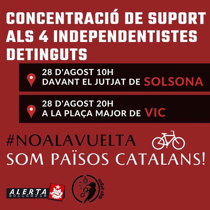 cupsolsones's tweet photo. Demà els detinguts al Solsonès estan citats a declarar a les 10 al Jutjats de Solsona. És per això que s'ha muntat una concentració de suport al davant.
I després, al migdia, a rebre la Vuelta amb estelades! https://t.co/kzt8t3W6tI