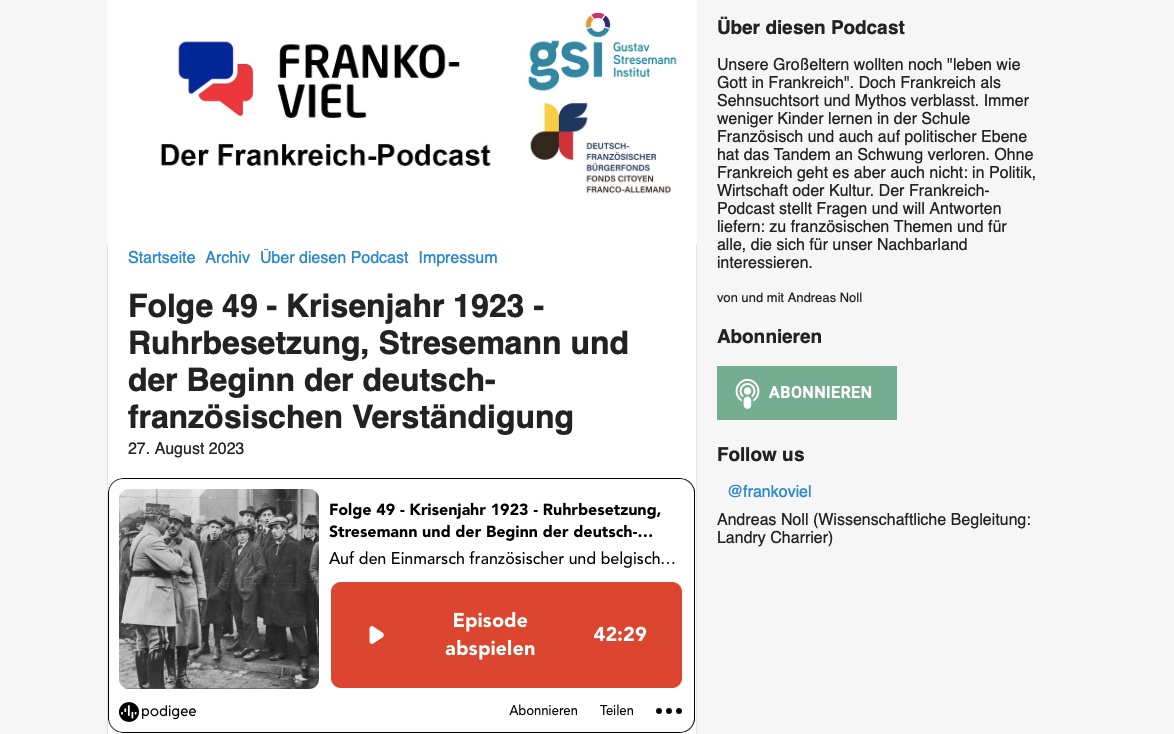 📢 Folge 49 von <a href="/frankoviel/">Franko-viel</a>, dem 🇫🇷-Podcast, ist online: "#Krisenjahr 1923 - #Ruhrbesetzung, #Stresemann und der Beginn der 🇩🇪-🇫🇷 Verständigung". Mit @nicolas_beaupre (<a href="/historial1418/">Historial de la Grande Guerre</a>) u. Frank M. #Bischoff (#Landschaftsverband Rheinland, #LVR, #Weimar):
👉 franko-viel.podigee.io/49-ruhrkrise-s…