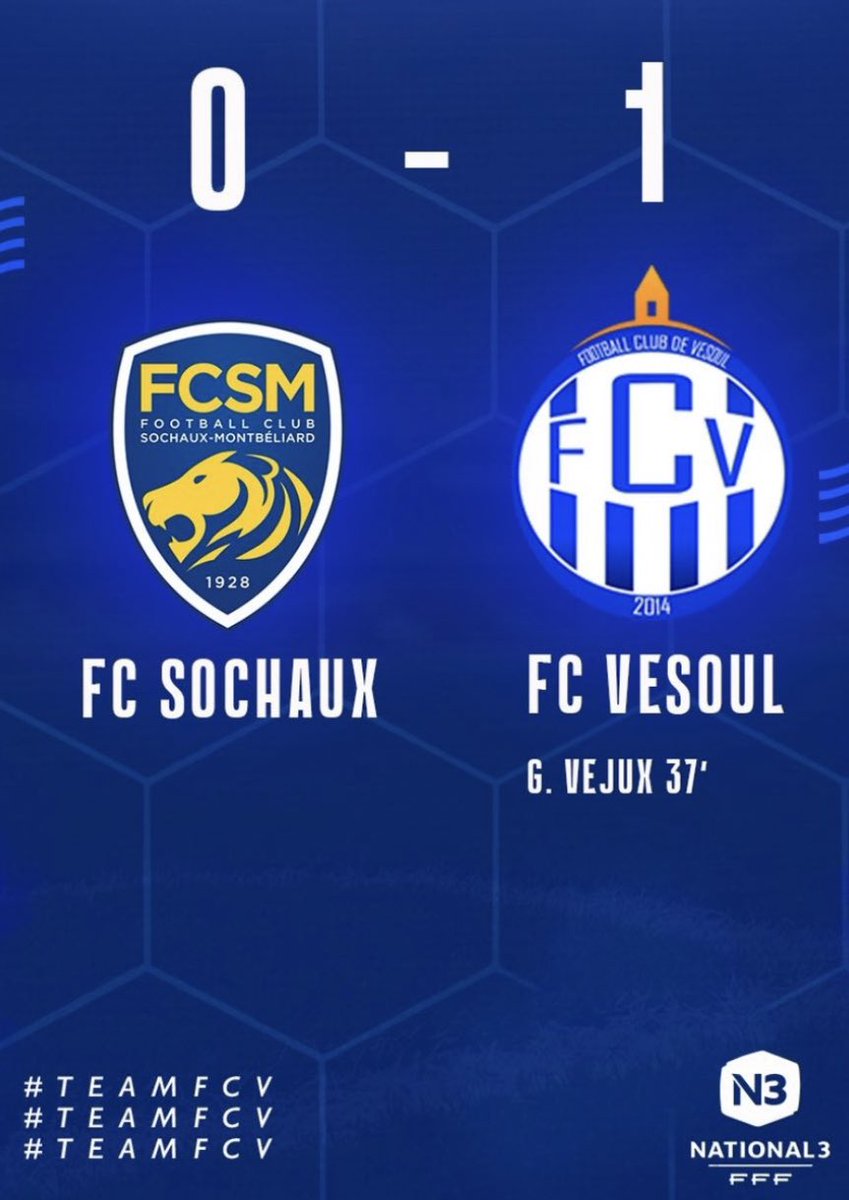 FCVesoul's tweet photo. C’est terminé à Montbéliard où le @FCVesoul s’impose contre la réserve du @FCSM_officiel 0/1 sur un but de G. Véjux et démarre le championnat de #N3 de la plus belle des manières ! Bravo les Bleus ! 🔵⚪️ https://t.co/iEyZg5NMS2