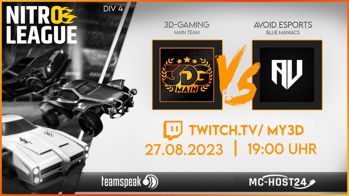 Vor den anderen beiden Spielen wird das 3DG Main Team noch gegen <a href="/AvoidEsportsDE/">AVOID</a> antreten!

⚔️3DG Main Team vs Avoid Blue Maniacs
⏱️Heute - 19:00 Uhr
🎙️ Pasko &amp; Train
➡️ twitch.tv/my3d ⬅️

<a href="/3dGaming_org/">3D-Gaming</a> #RocketLeague #esport #TwitchDE #LiveStream 
<a href="/teamspeak/">TeamSpeak</a> <a href="/MCHOST24/">MC-HOST24.de</a>