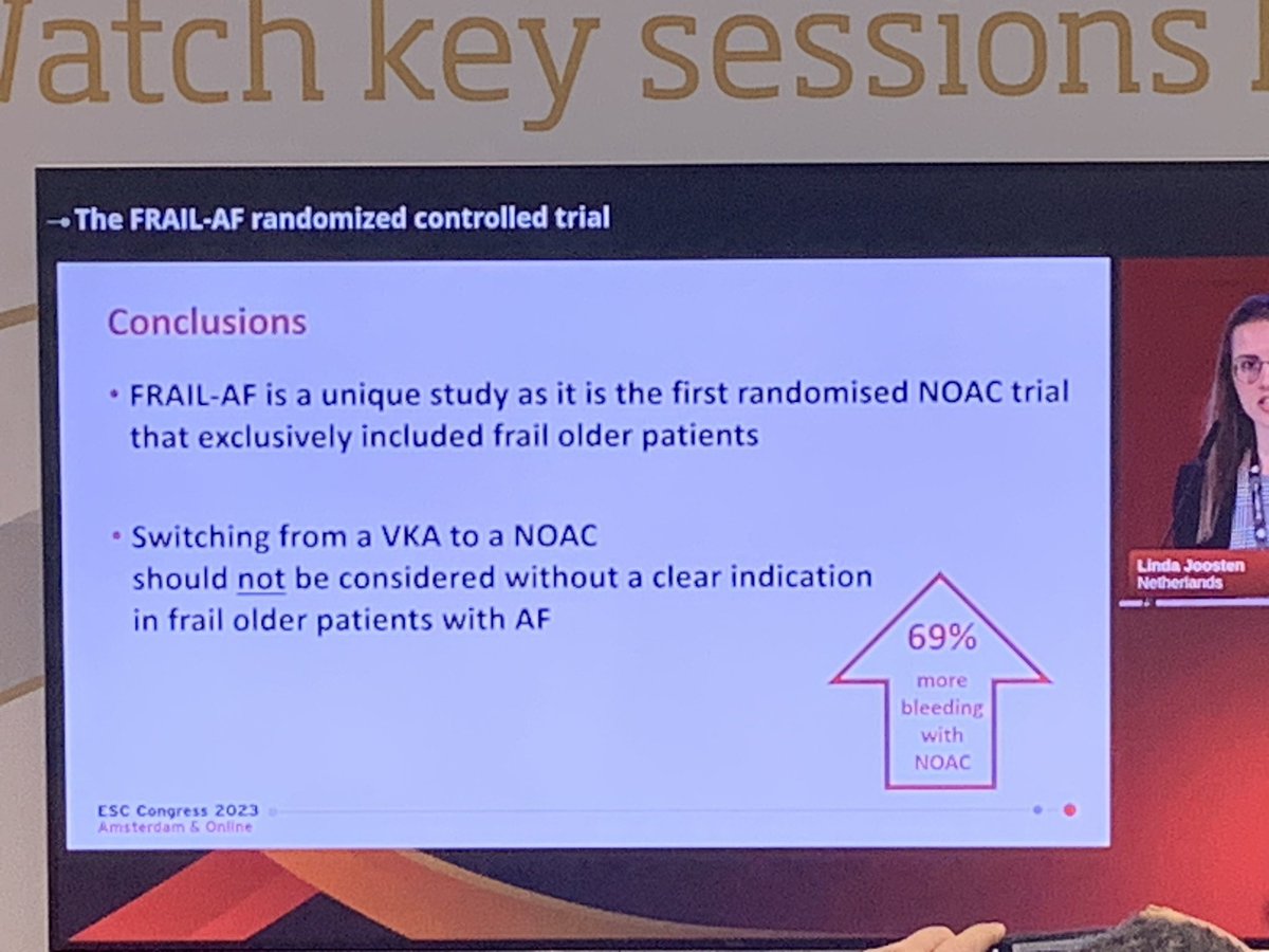 DrAfzalSohaib's tweet photo. Switching frail patients from warfarin to DOAC appears to be a bad idea according to the FRAIL-AF trial at. #ESCCongress. 69% more bleeds with DOAC (50% had rivaroxaban) https://t.co/UVMXavnf5y