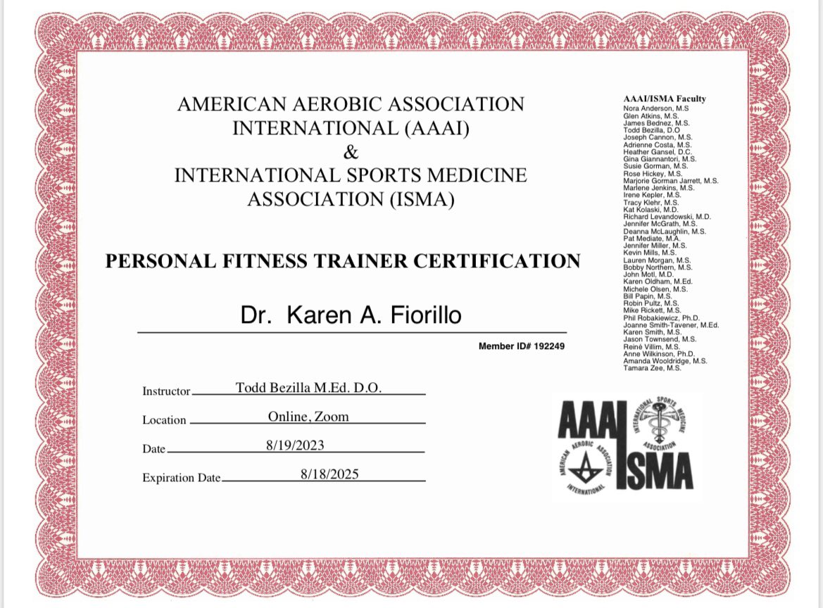 🏋️‍♀️Tip #190🏋️‍♀️

🍎Never stop learning!  

It is official!  AAAI/ISMA Certified Personal Fitness Trainer!  Come work out with me sometime soon!  

Whole Body Yoga Studio, Rascals Fitness, The Zen Studio at HealingEnergies, and Rising Sun Therapy.  

Have a wonderful day!