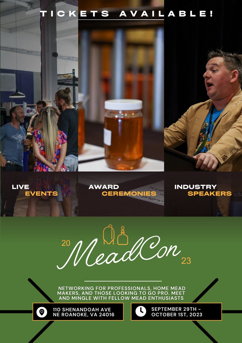 AmericanMeadMkr's tweet photo. Donโt miss an incredible opportunity to take part in one of the largest gatherings of mead enthusiasts in the US! The East Coast #MeadCon goes from 9/29-10/1/23!
Thatโs a full weekend of mead panels, speakers, & tastings!
#meadmakers #makemead #drinkmead https://t.co/FCfkSDE7Fc