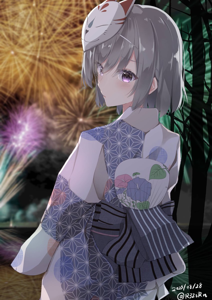 1girl japanese clothes kimono solo grey hair mask fireworks  illustration images