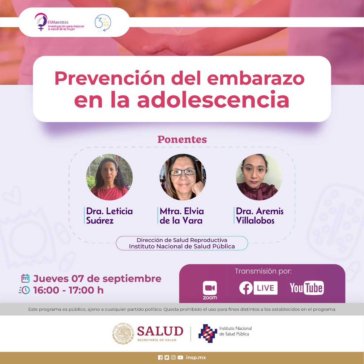 inspmx's tweet photo. #Videoconferencia @ESMaestras Prevención del embarazo en la adolescencia.

🗓️ 07 de septiembre 
🕓 16:00 horas

¡Te esperamos! 🤝 https://t.co/aiKhZn6hIX