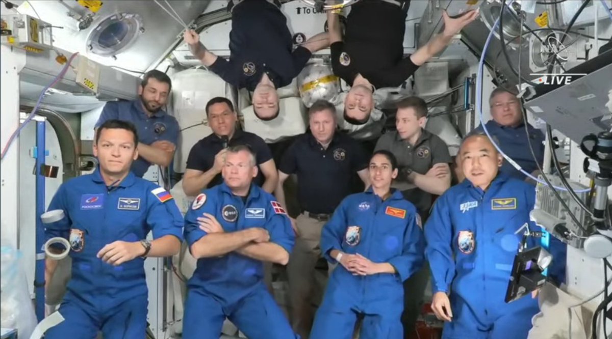 All 11 crew members gather for the welcoming ceremony shortly after the arrival of #Crew7 on the International @Space_Station.

Watch live on #ESAWebTV at esawebtv.esa.int/2 #Huginn