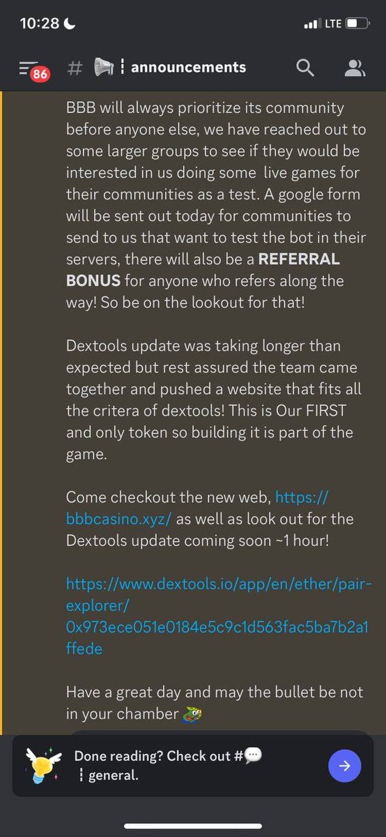 Sunday Update: Dextools finally updated with our new website! bbbcasino.xyz

Discord Update Below as well! Be on the lookout for a google form to integrate the bot inside of your community!

dextools.io/app/en/ether/p…